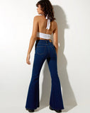 MNG Dark Blue High-Waisted Flare Jeans.