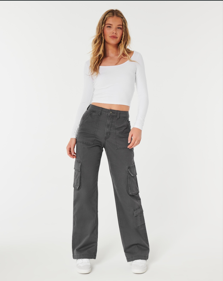 MANGO Dark Grey High-Waisted Cargo Wide-Leg Jeans - lessthan1thousand