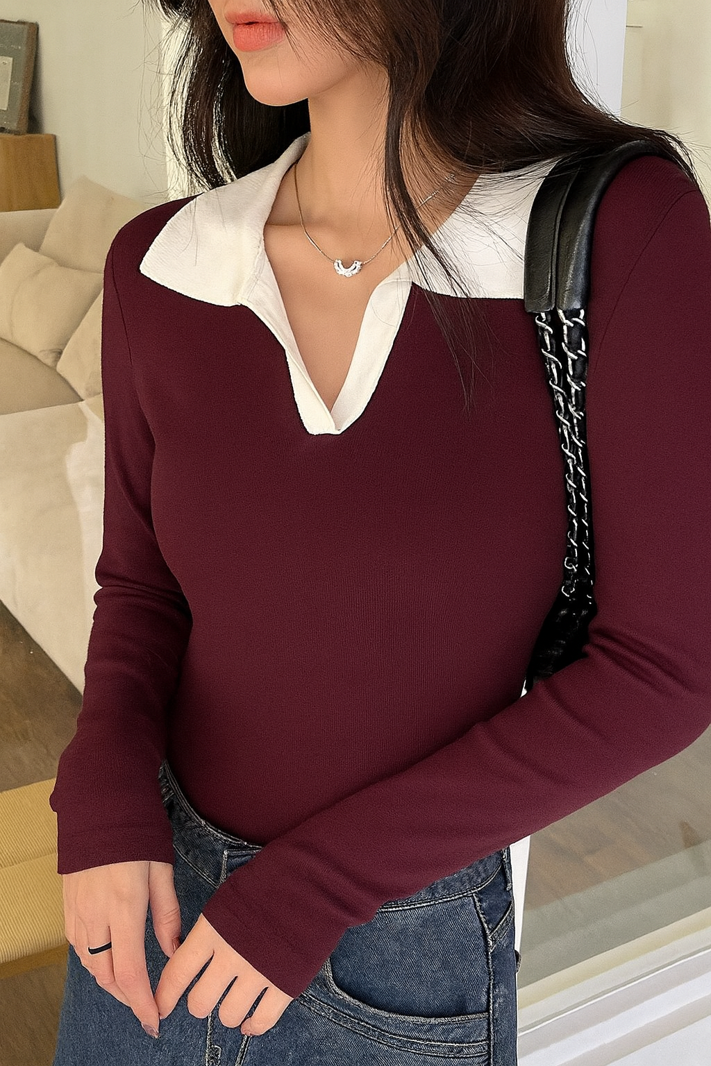 LT1K Maroon Essential Full-Sleeves Contrast Collar Slim T-Shirt.(Perfect For All Season).