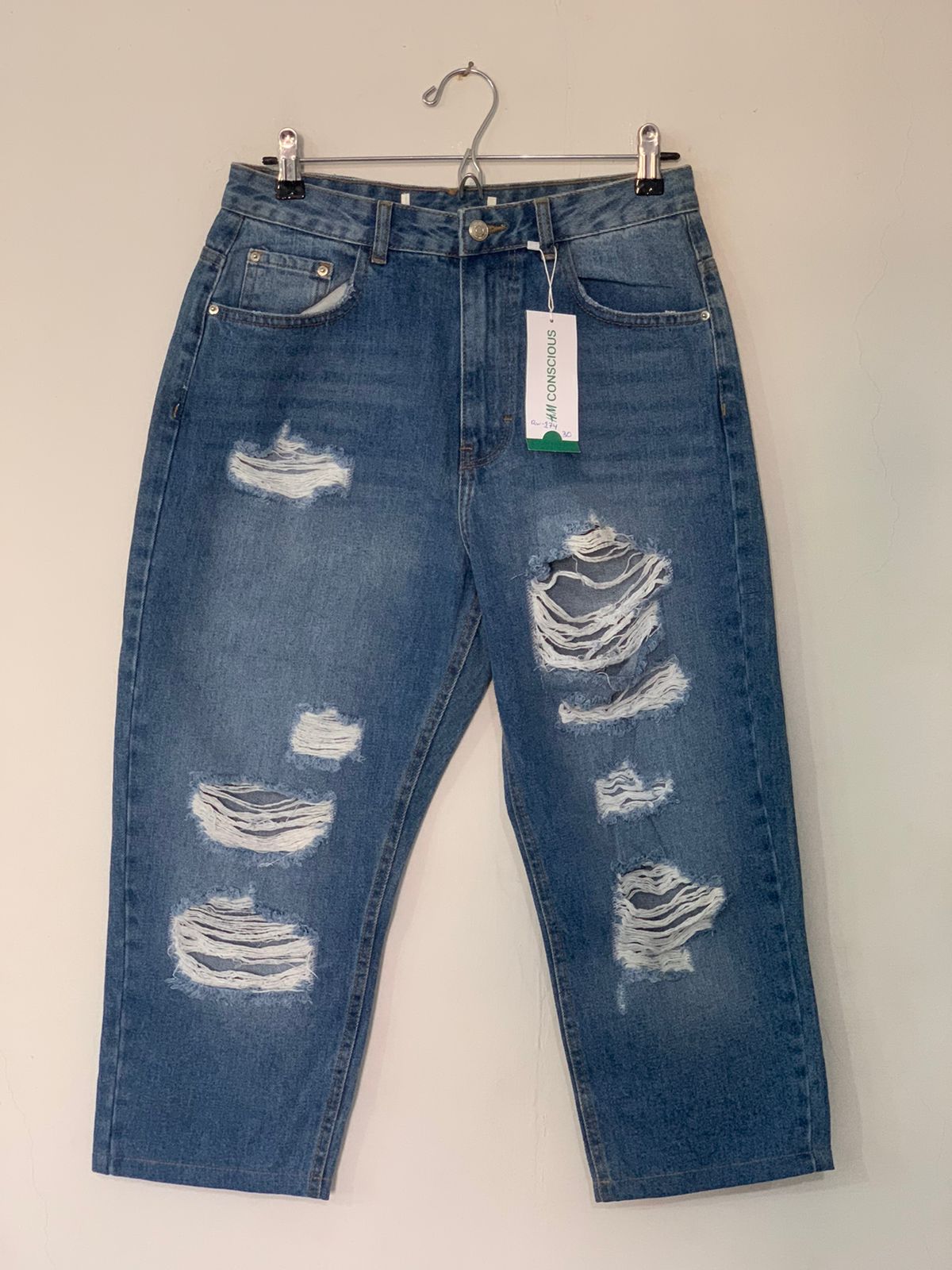 Blue High-Waist Ripped Mom Jeans (MINOR FAULT)(Length:31-32)