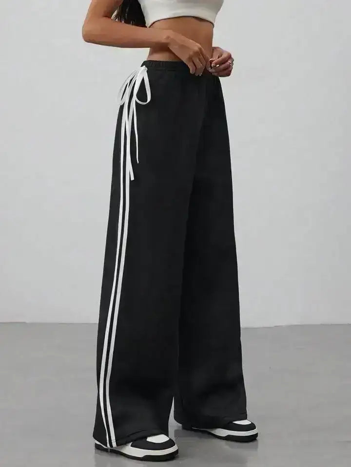 Black Side Stripe Wide-Leg Trouser With Cute Little Bow. - lessthan1thousand