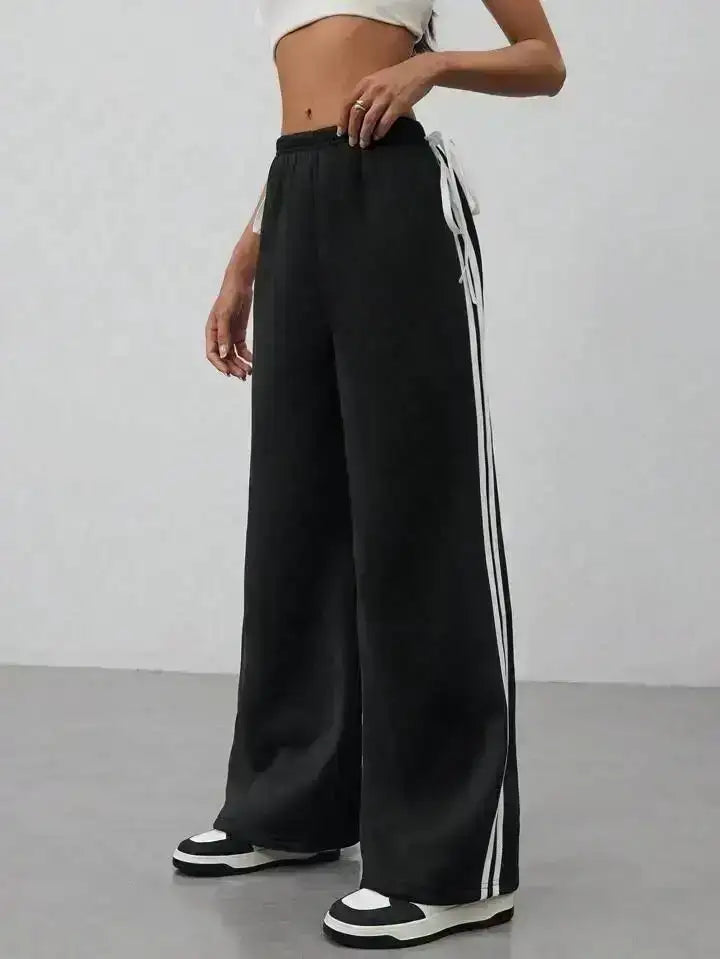 Black Side Stripe Wide-Leg Trouser With Cute Little Bow. - lessthan1thousand