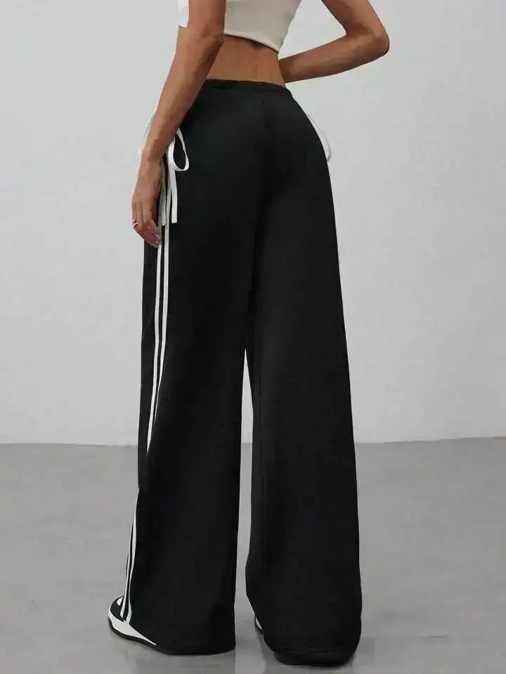 Black Side Stripe Wide-Leg Trouser With Cute Little Bow. - lessthan1thousand