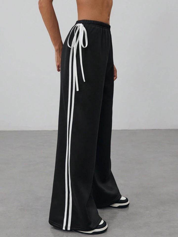 Black Side Stripe Wide-Leg Trouser With Cute Little Bow.