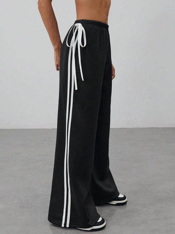 Black Side Stripe Wide-Leg Trouser With Cute Little Bow.