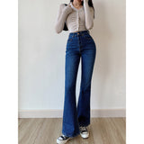 MNG Dark Blue High-Waisted Flare Jeans.