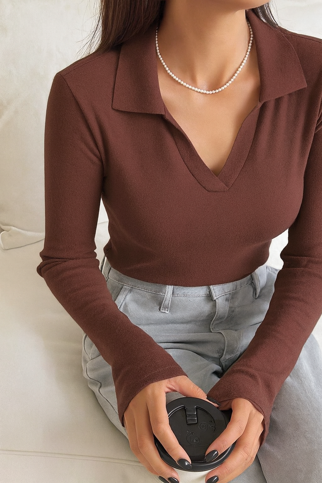 LT1K Brown Essential Full-Sleeves Collared Slim T-Shirt.(Perfect For All Season).