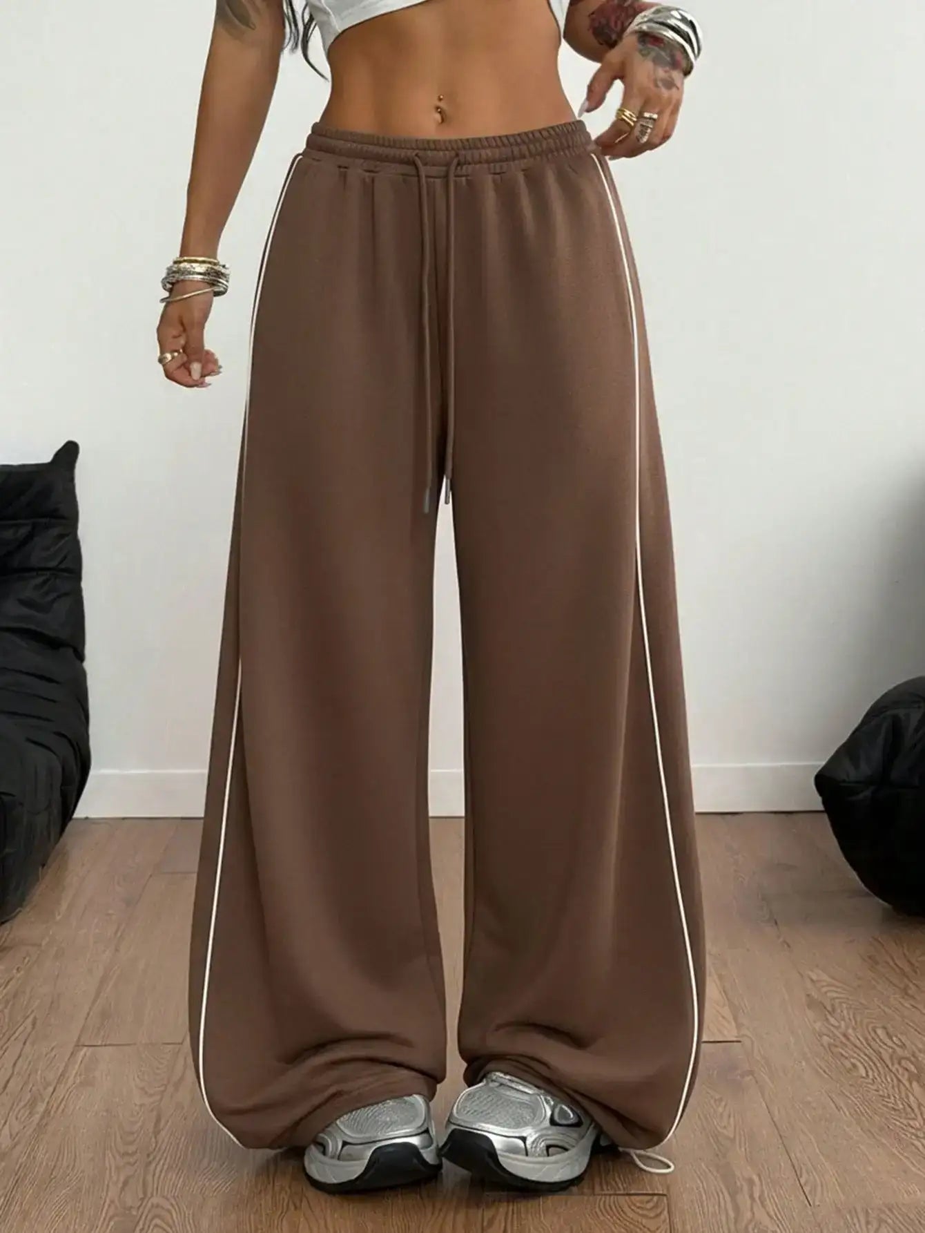 LT1K Grey Double Side Piping Detail Wide-Leg Trouser.(Perfect For All Season)