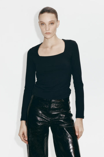 LT1K Black Square-Neck Full Sleeve Slim Top.(Perfect For All Season)