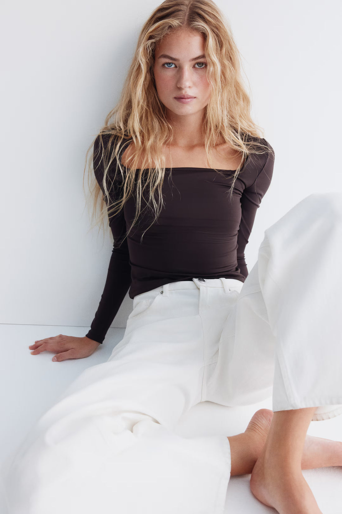 LT1K Brown Square-Neck Full Sleeve Slim Top.(Perfect For All Season)