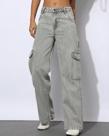 LT1K Light Grey Wide-Leg Cargo Jeans.