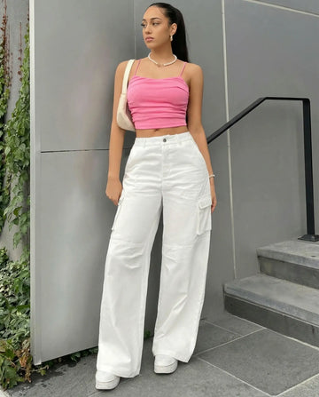 LT1K White Cargo Wide-Leg Jeans.