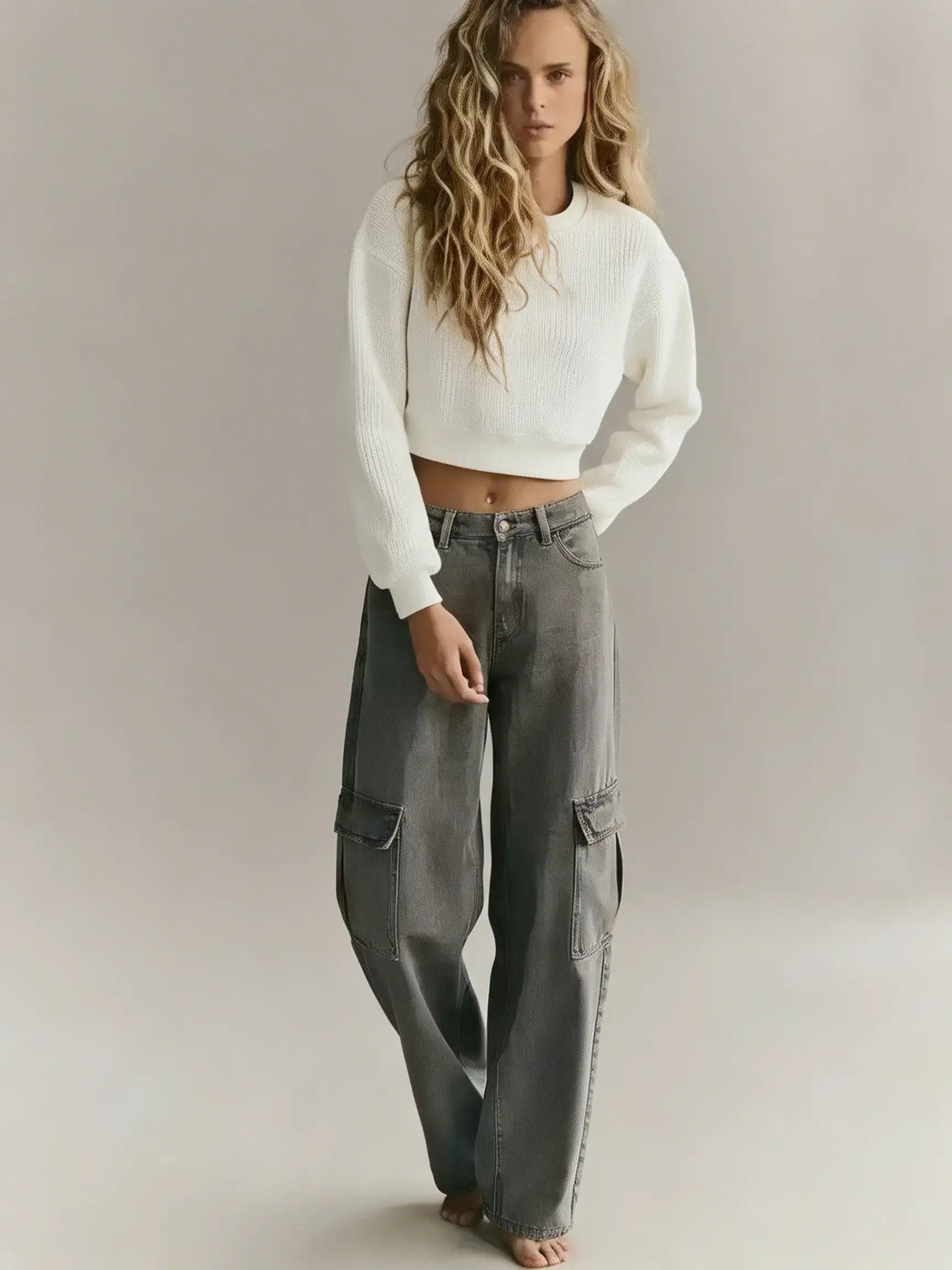 LT1K Dark Grey High-Waisted Cargo Wide-Leg Jeans.