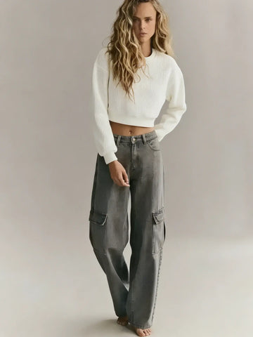 LT1K Dark Grey High-Waisted Cargo Wide-Leg Jeans.