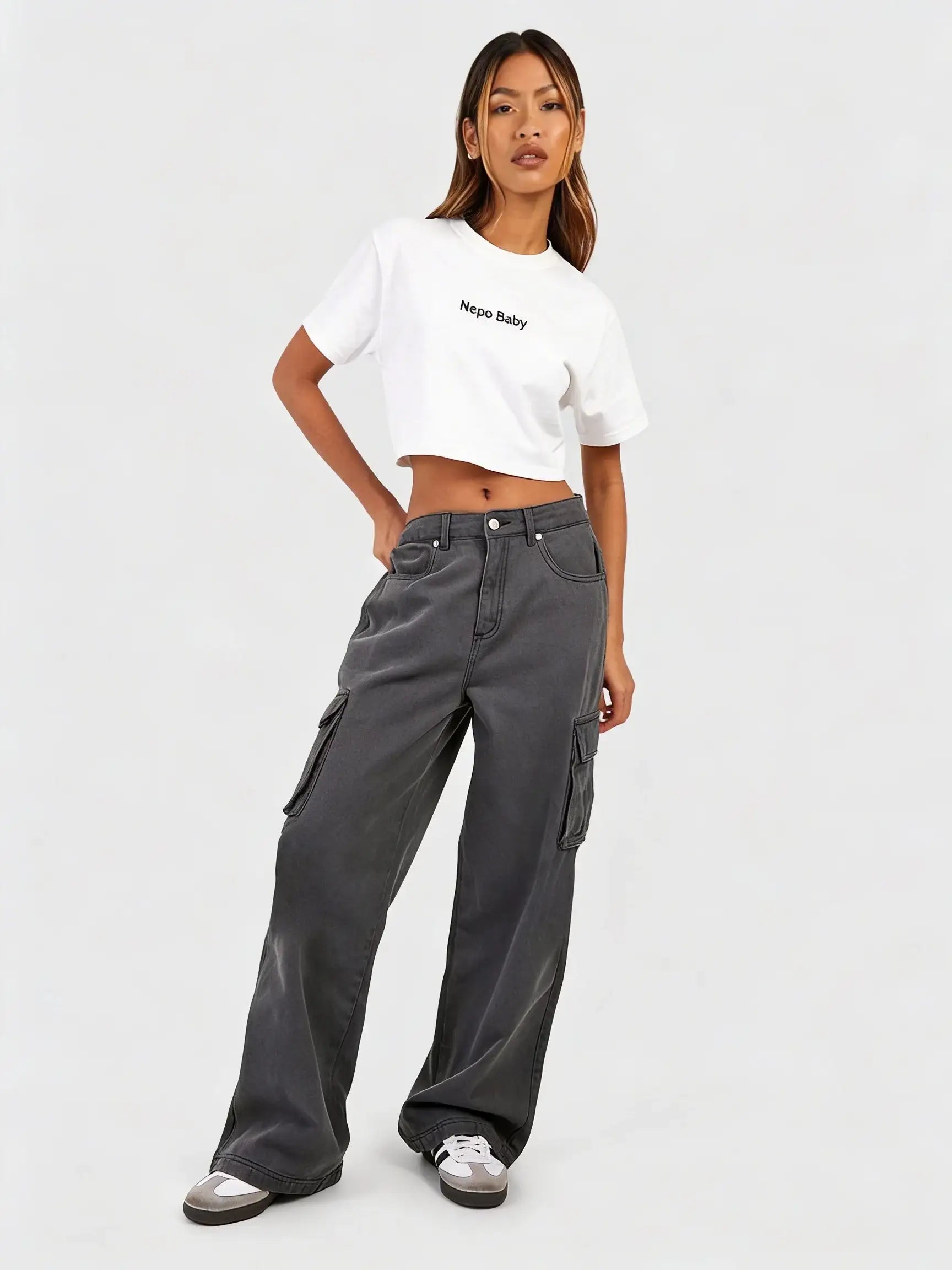 LT1K Dark Grey High-Waisted Cargo Wide-Leg Jeans