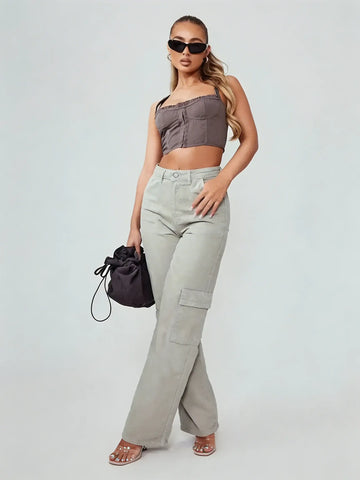 LT1K Light Grey High-Waisted Cargo Wide-Leg Jeans