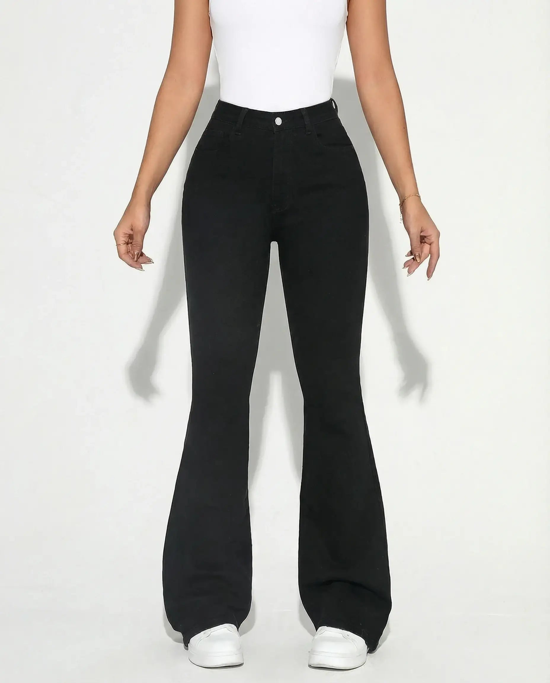 LT1K Pure Black High-Waisted Flare Jeans.
