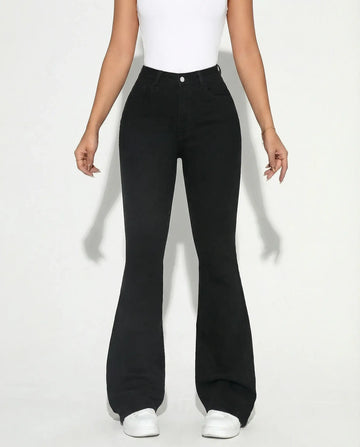 LT1K Pure Black High-Waisted Flare Jeans.