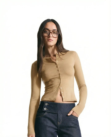 LT1K Sand Essential Long sleeve Top with buttons.(Perfect For All Season)