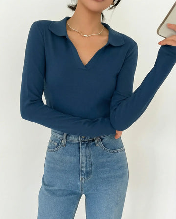 LT1K Navy Blue Essential Full-Sleeves Collared Slim Top.(Perfect For All Season)
