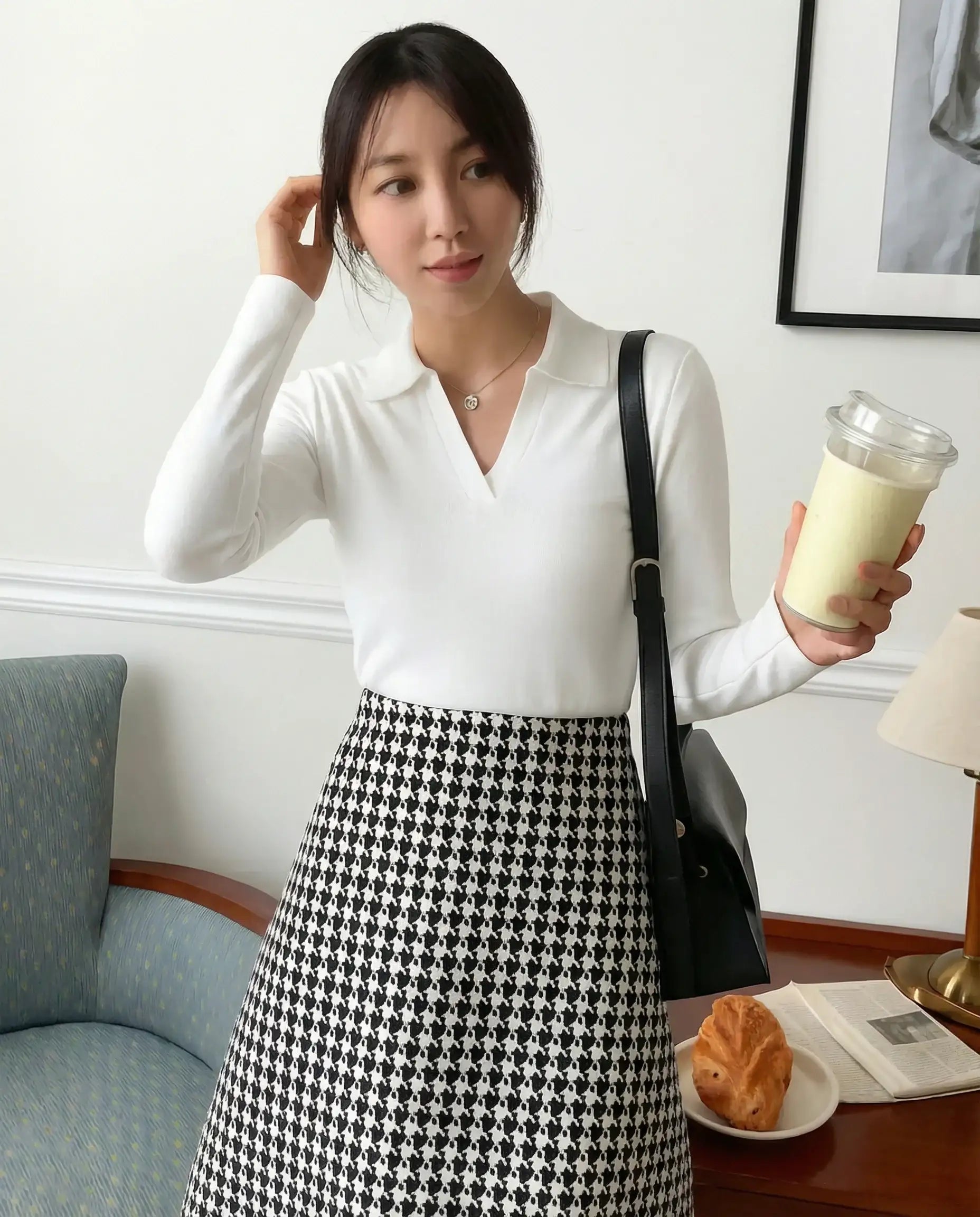 LT1K White Essential Full-Sleeves Collared Slim Top.(Perfect For All Season)