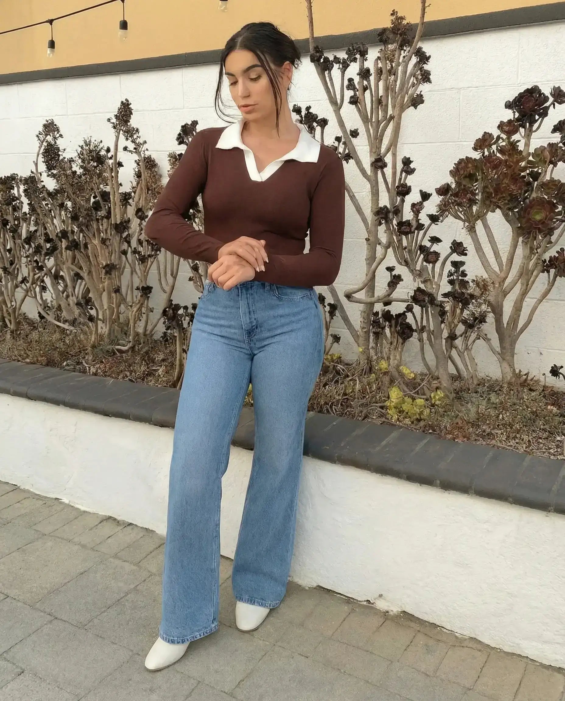 LT1K Essential Full-Sleeves Contrast Collar Slim Top.(Perfect For All Season)