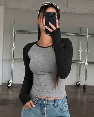 LT1K Black/Grey Essential Full-Sleeves Raglan Slim Top.(Perfect For All Season)