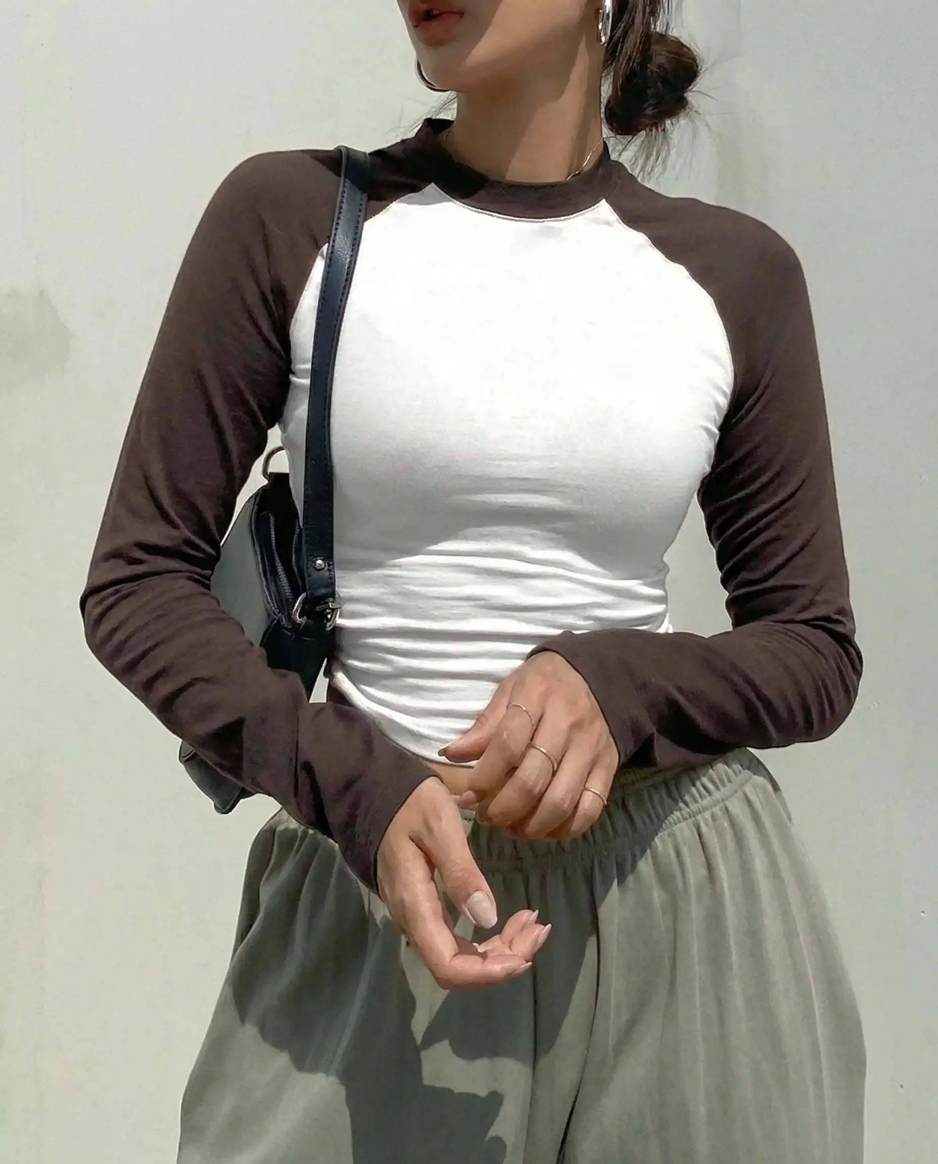 LT1K Brown/White Essential Full-Sleeves Raglan Slim Top.(Perfect For All Season)