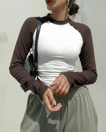 LT1K Brown/White Essential Full-Sleeves Raglan Slim Top.(Perfect For All Season)