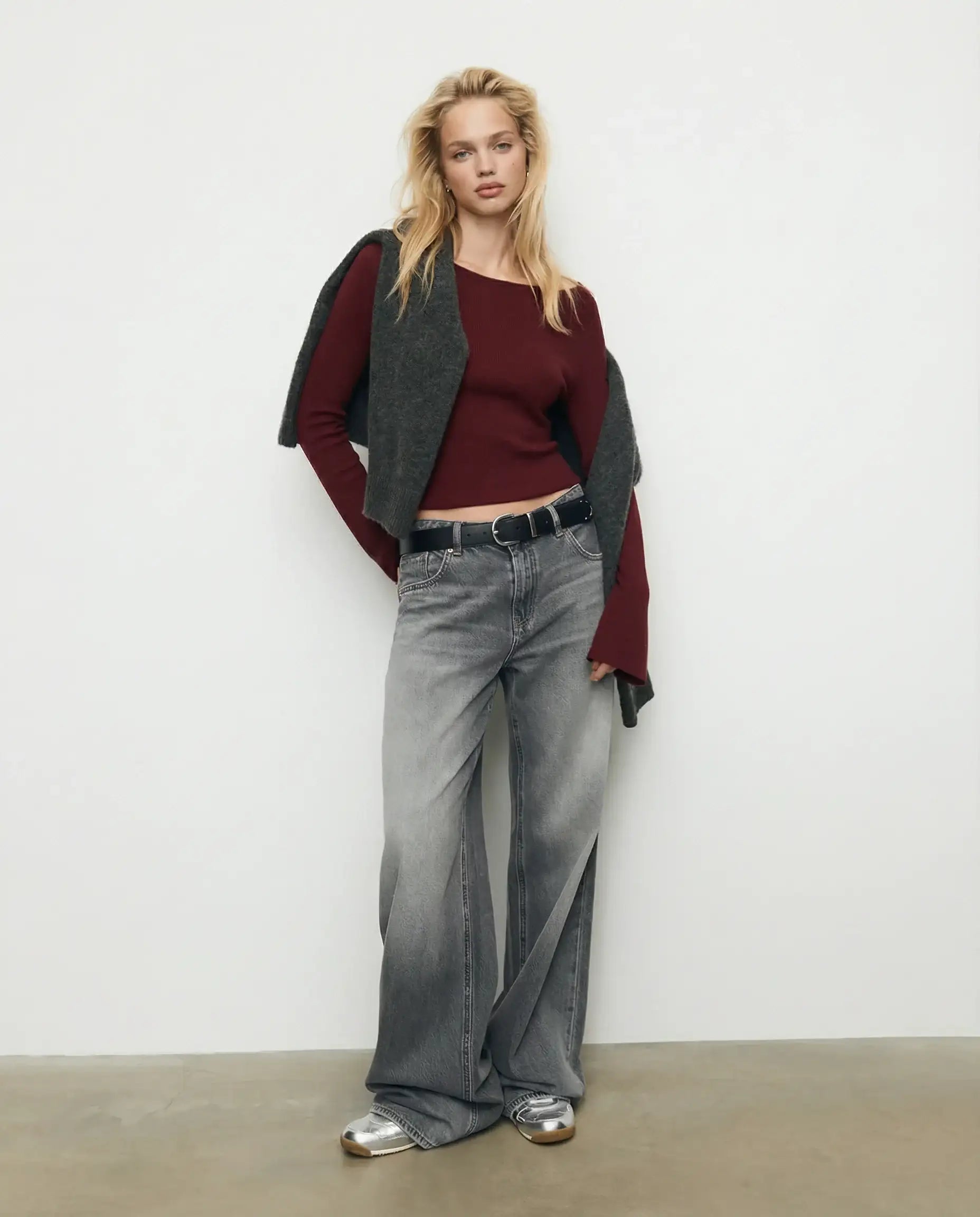 LT1K Maroon Essential Full-Sleeves Boat-Neck With Bell Sleeve Slim Top.(Perfect For All Season)
