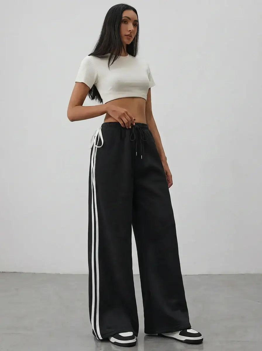 Black Side Stripe Wide-Leg Trouser With Cute Little Bow.(Perfect For All Season)