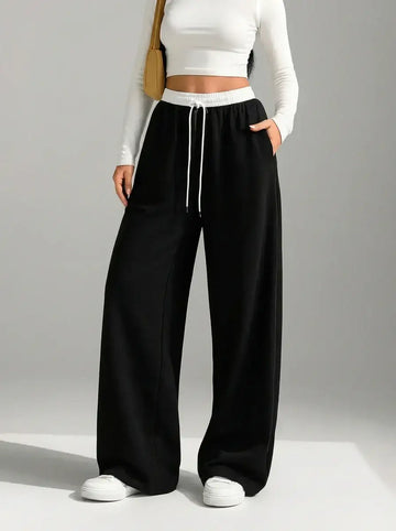 Black Contrast waist Wide-Leg Trouser.(Perfect For All Season)