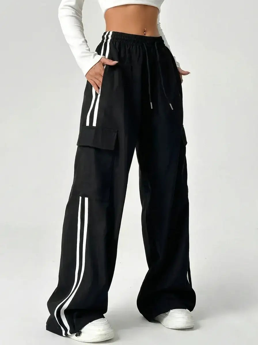 LT1K Pure Black Stripe Cargo Wide-Leg Trouser.(Perfect For All Season)