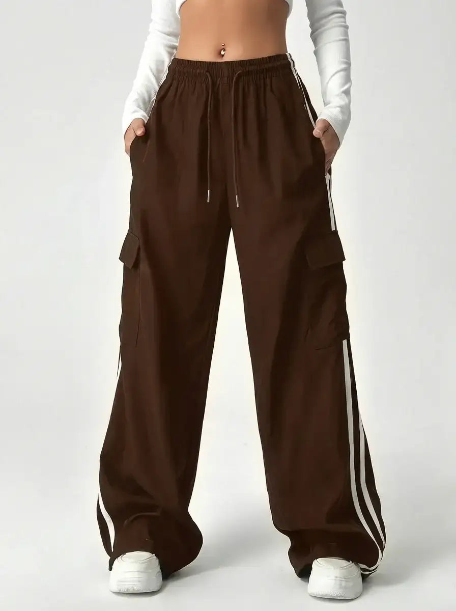 LT1K Brown Side Stripe Cargo Wide-Leg Trouser.(Perfect For All Season)
