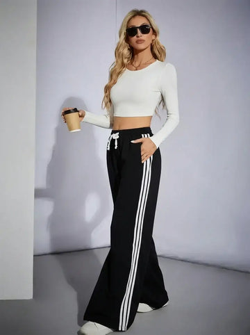 LT1K Pure Black Side Stripe Wide-Leg Trouser.(Perfect For All Season)