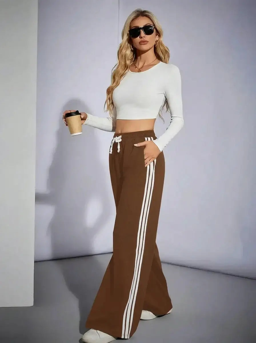 LT1K Brown Side Stripe Wide-Leg Trouser.(Perfect For All Season)