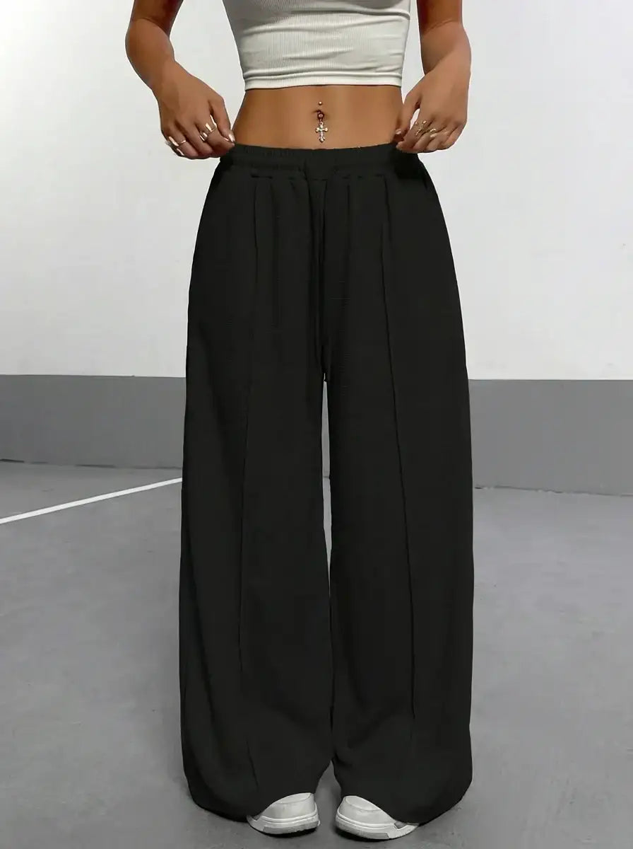LT1K Pure Black Front-Seam Wide-Leg Trouser.(Perfect For All Season)