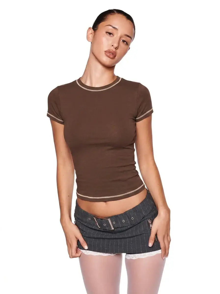LT1K Contrast Stitch Slim T-Shirt. (Brown/Sand)