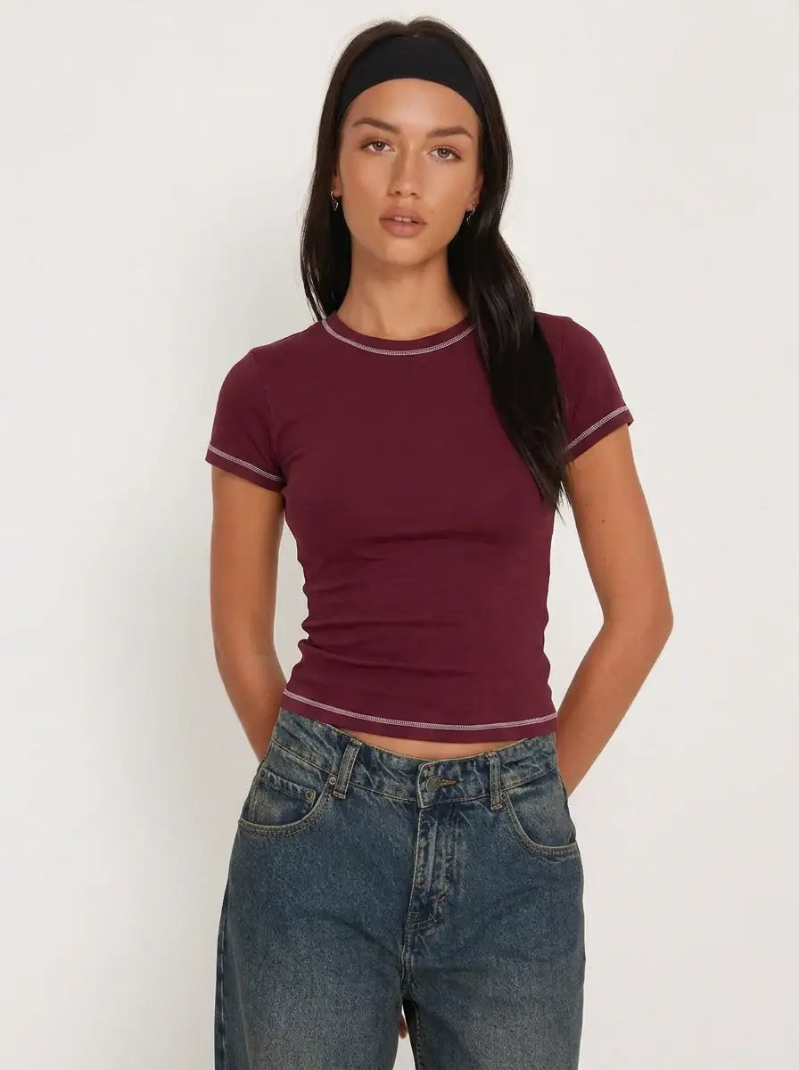 LT1K Contrast Stitch Slim T-Shirt. (Maroon/White)
