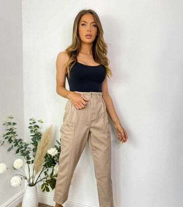 Beige Paper-bag Loose Jeans